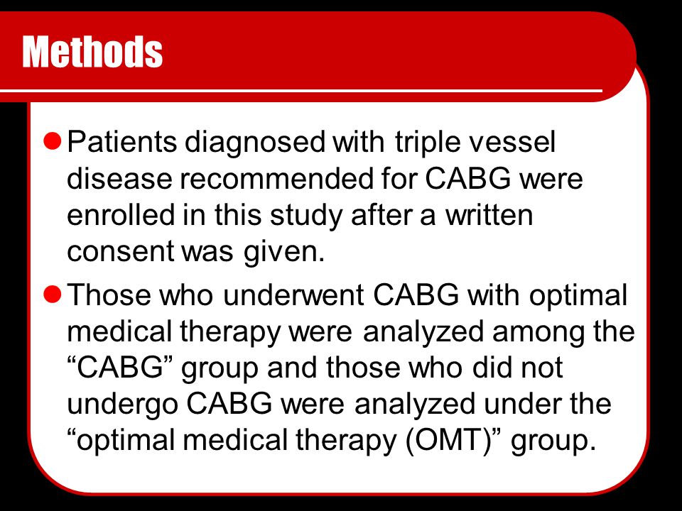 Methods Patients diagnosed with triple vessel disease recommended for CABG were enrolled in this study after a written consent was given.