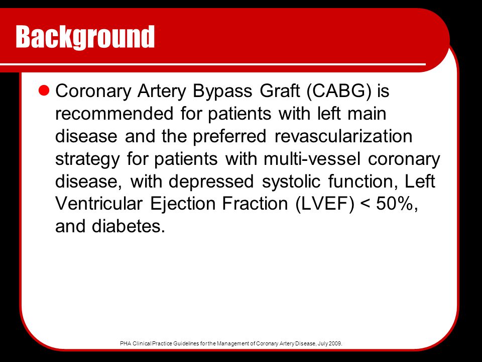 Background Coronary Artery Bypass Graft (CABG) is recommended for patients with left main disease and the preferred revascularization strategy for patients with multi-vessel coronary disease, with depressed systolic function, Left Ventricular Ejection Fraction (LVEF) < 50%, and diabetes.