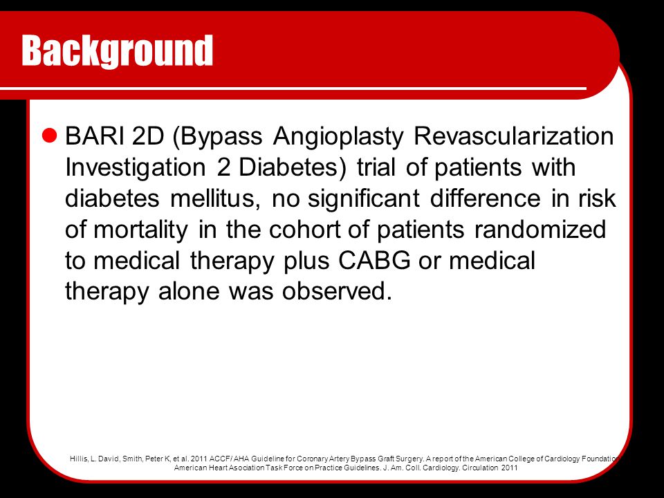 Background BARI 2D (Bypass Angioplasty Revascularization Investigation 2 Diabetes) trial of patients with diabetes mellitus, no significant difference in risk of mortality in the cohort of patients randomized to medical therapy plus CABG or medical therapy alone was observed.