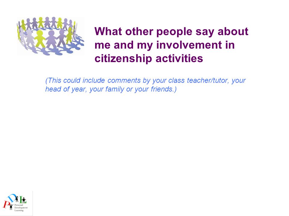 What other people say about me and my involvement in citizenship activities (This could include comments by your class teacher/tutor, your head of year, your family or your friends.)