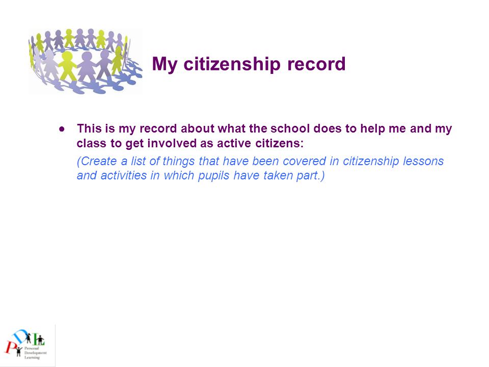 My citizenship record ●This is my record about what the school does to help me and my class to get involved as active citizens: (Create a list of things that have been covered in citizenship lessons and activities in which pupils have taken part.)