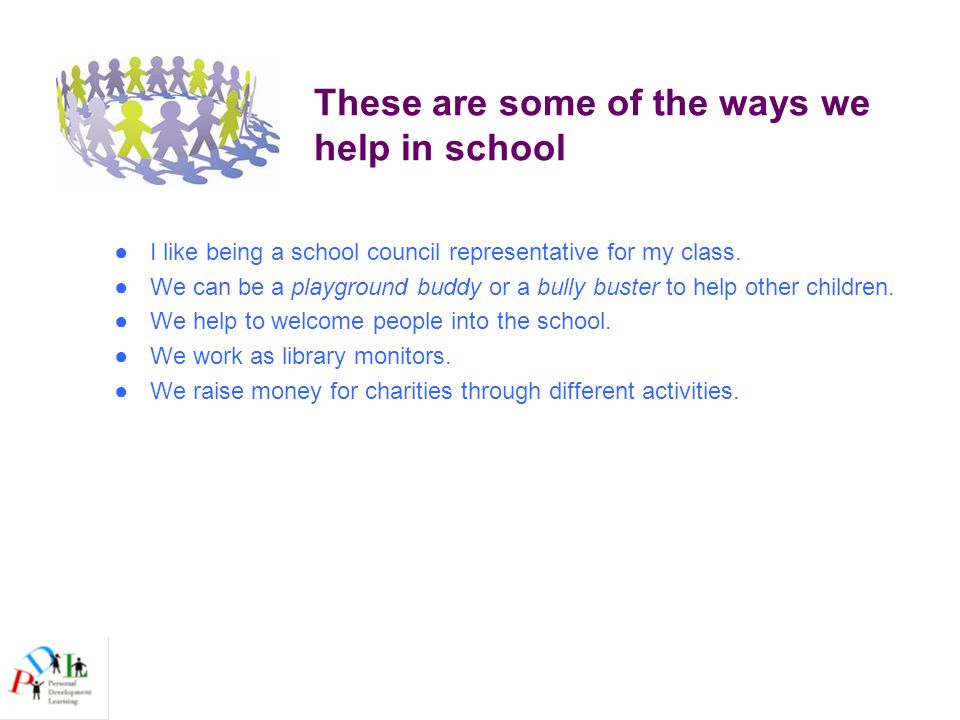 These are some of the ways we help in school ●I like being a school council representative for my class.