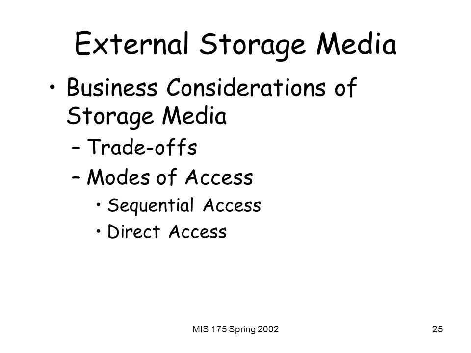 MIS 175 Spring External Storage Media Business Considerations of Storage Media –Trade-offs –Modes of Access Sequential Access Direct Access