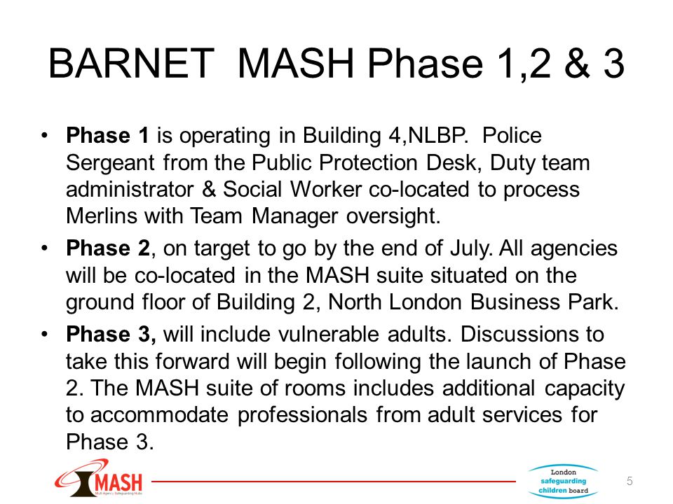 BARNET MASH Phase 1,2 & 3 Phase 1 is operating in Building 4,NLBP.