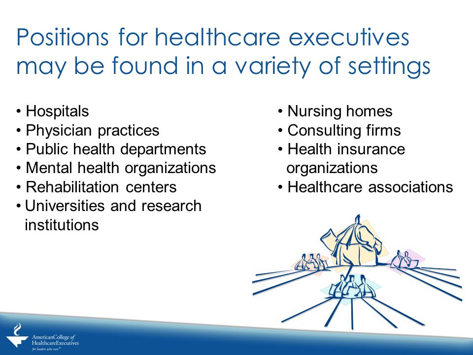Positions for healthcare executives may be found in a variety of settings Hospitals Physician practices Public health departments Mental health organizations Rehabilitation centers Universities and research institutions Nursing homes Consulting firms Health insurance organizations Healthcare associations