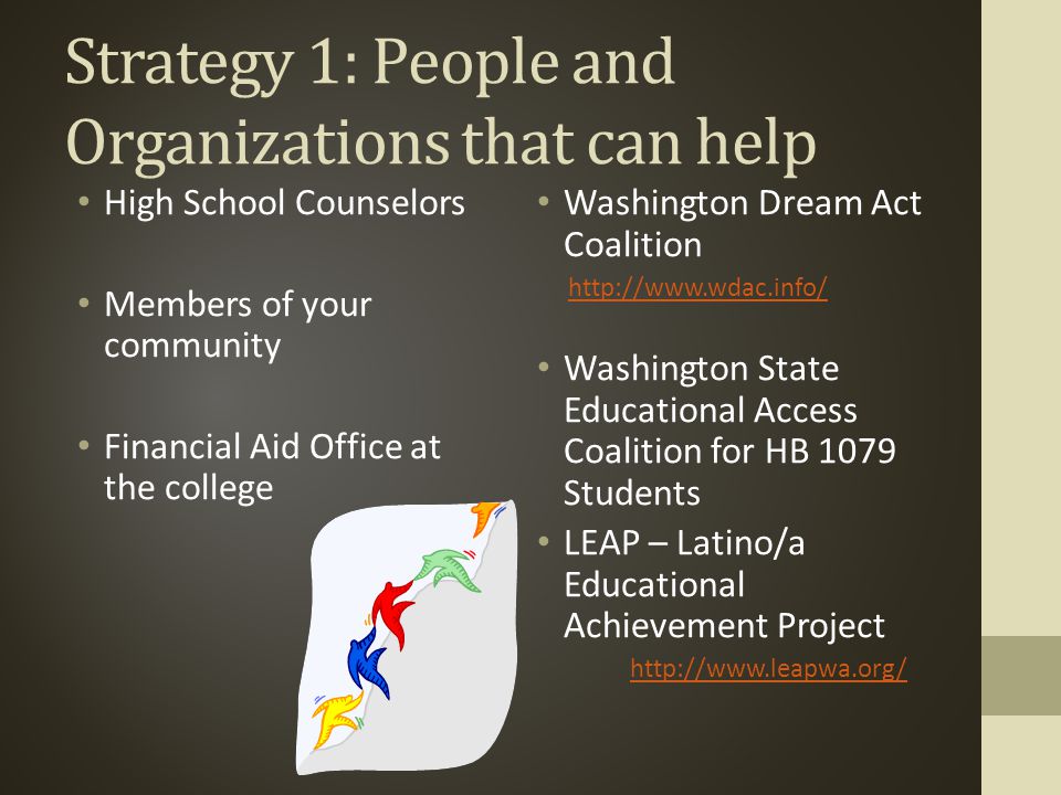 Strategy 1: People and Organizations that can help High School Counselors Members of your community Financial Aid Office at the college Washington Dream Act Coalition   Washington State Educational Access Coalition for HB 1079 Students LEAP – Latino/a Educational Achievement Project