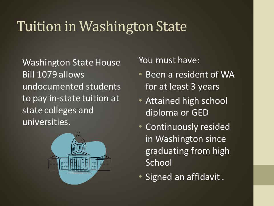 Tuition in Washington State Washington State House Bill 1079 allows undocumented students to pay in-state tuition at state colleges and universities.
