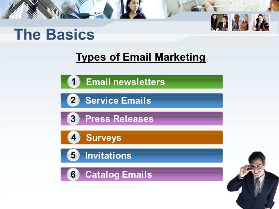 The Basics Types of  Marketing  newsletters 1 Service  s 2 Press Releases3 Surveys 4 Invitations 5 Catalog  s6