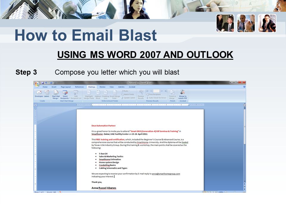 How to  Blast USING MS WORD 2007 AND OUTLOOK Step 3 Compose you letter which you will blast