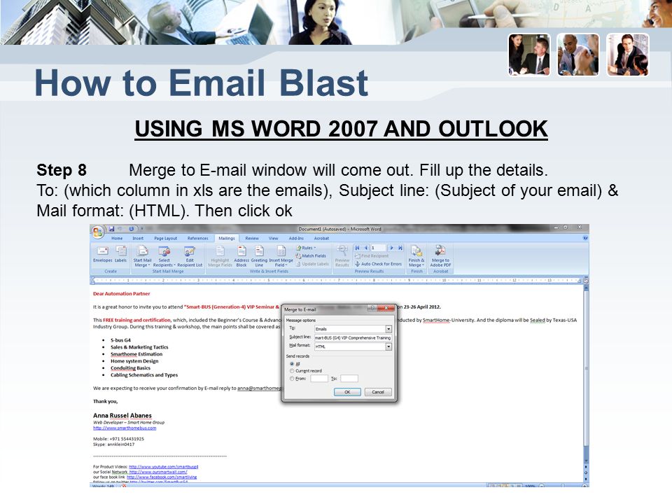 How to  Blast USING MS WORD 2007 AND OUTLOOK Step 8 Merge to  window will come out.