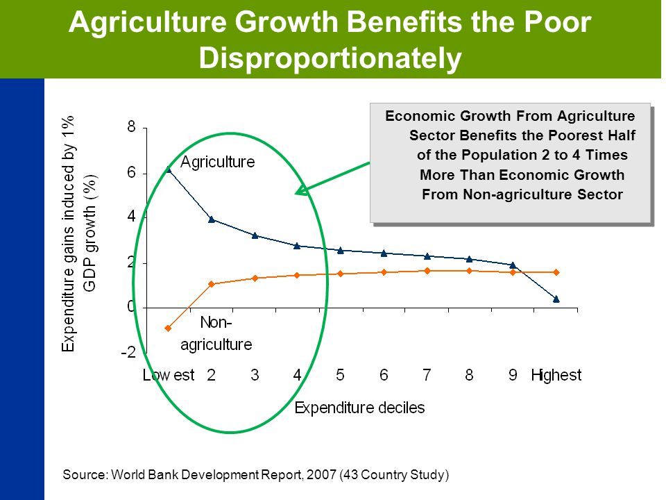 Source: World Bank Development Report, 2007 (43 Country Study) Economic Growth From Agriculture Sector Benefits the Poorest Half of the Population 2 to 4 Times More Than Economic Growth From Non-agriculture Sector Agriculture Growth Benefits the Poor Disproportionately
