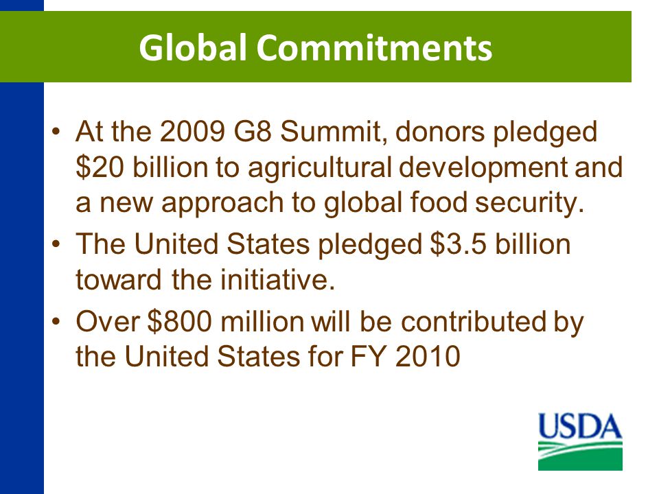 At the 2009 G8 Summit, donors pledged $20 billion to agricultural development and a new approach to global food security.