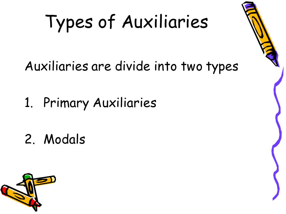 Types of Auxiliaries Auxiliaries are divide into two types 1.Primary Auxiliaries 2.Modals