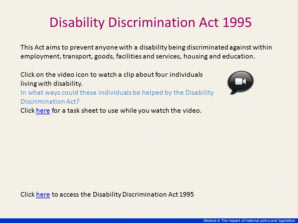 discrimination act The law protects you against discrimination at work, including: dismissal definition of disability under the equality act 2010 disability rights report hate crime. discrimination act The law protects you against discrimination at work, including: dismissal definition of disability under the equality act 2010 disability rights report hate crime.