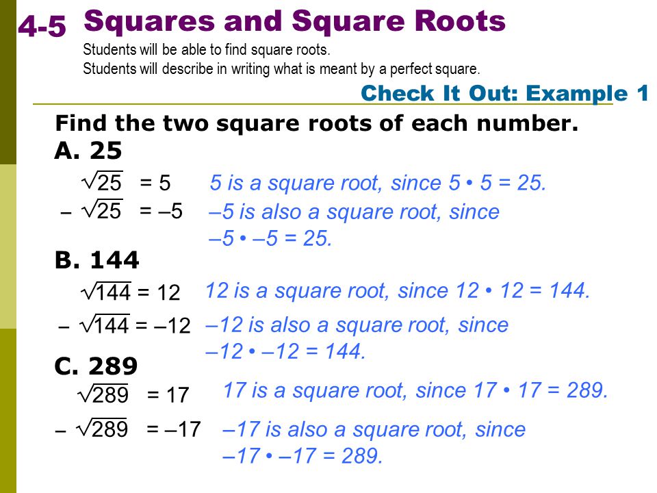Squares and Square Roots Students will be able to find square roots.