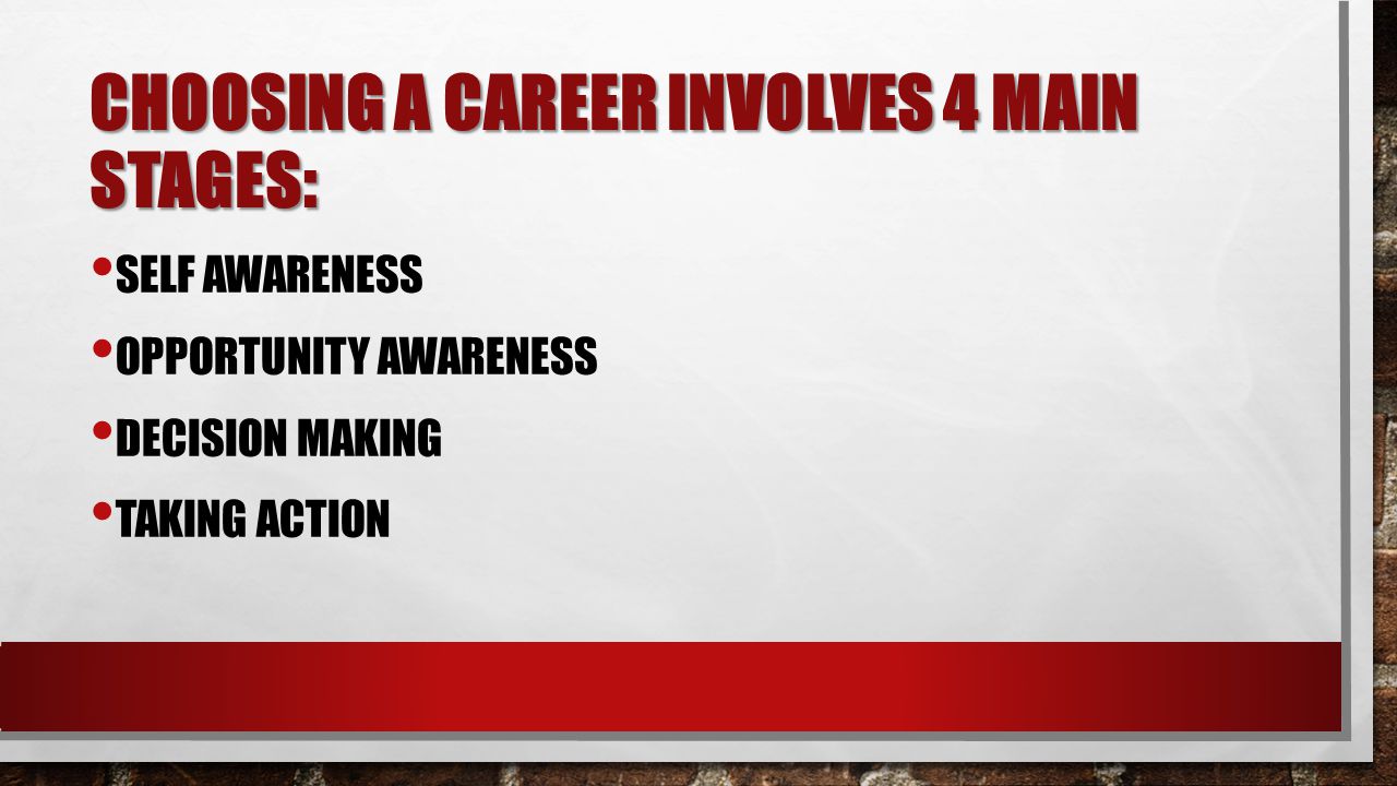 CHOOSING A CAREER INVOLVES 4 MAIN STAGES: SELF AWARENESS OPPORTUNITY AWARENESS DECISION MAKING TAKING ACTION