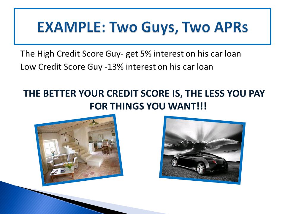 The High Credit Score Guy- get 5% interest on his car loan Low Credit Score Guy -13% interest on his car loan THE BETTER YOUR CREDIT SCORE IS, THE LESS YOU PAY FOR THINGS YOU WANT!!!