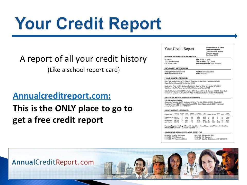Annualcreditreport.com: This is the ONLY place to go to get a free credit report A report of all your credit history (Like a school report card)