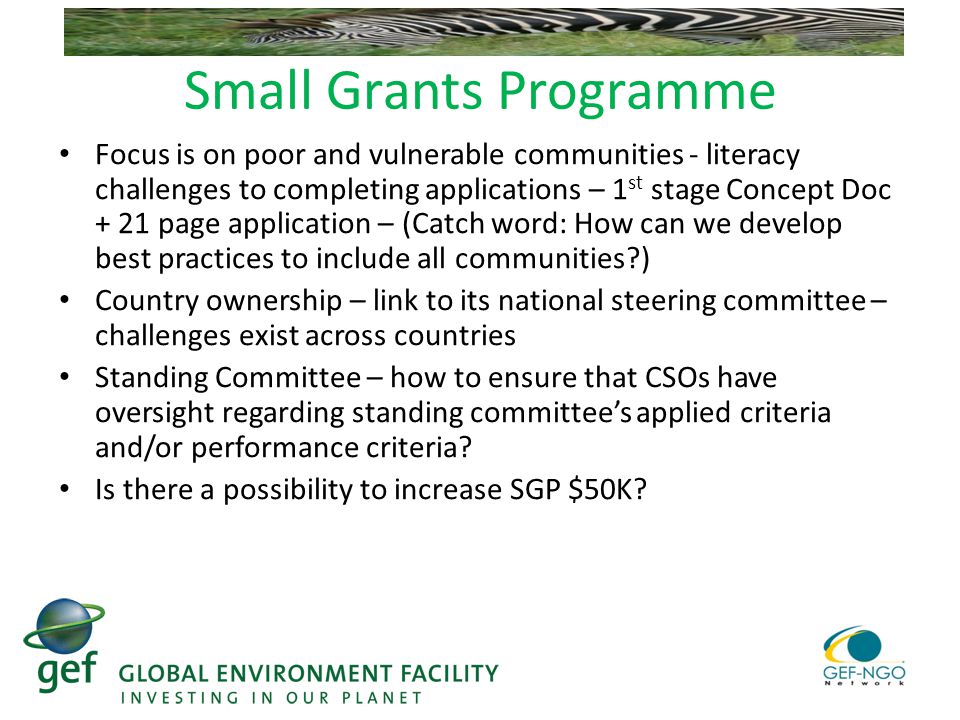 Small Grants Programme Focus is on poor and vulnerable communities - literacy challenges to completing applications – 1 st stage Concept Doc + 21 page application – (Catch word: How can we develop best practices to include all communities ) Country ownership – link to its national steering committee – challenges exist across countries Standing Committee – how to ensure that CSOs have oversight regarding standing committee’s applied criteria and/or performance criteria.