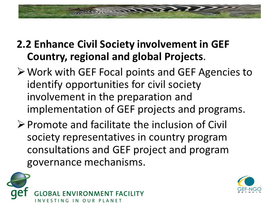 2.2 Enhance Civil Society involvement in GEF Country, regional and global Projects.