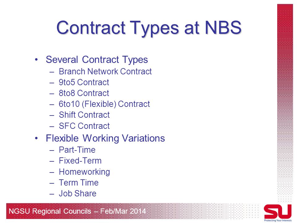 NGSU Regional Councils – Feb/Mar 2014 Contract Types at NBS Several Contract Types –Branch Network Contract –9to5 Contract –8to8 Contract –6to10 (Flexible) Contract –Shift Contract –SFC Contract Flexible Working Variations –Part-Time –Fixed-Term –Homeworking –Term Time –Job Share