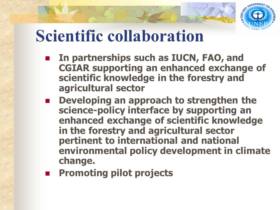 Scientific collaboration In partnerships such as IUCN, FAO, and CGIAR supporting an enhanced exchange of scientific knowledge in the forestry and agricultural sector Developing an approach to strengthen the science-policy interface by supporting an enhanced exchange of scientific knowledge in the forestry and agricultural sector pertinent to international and national environmental policy development in climate change.