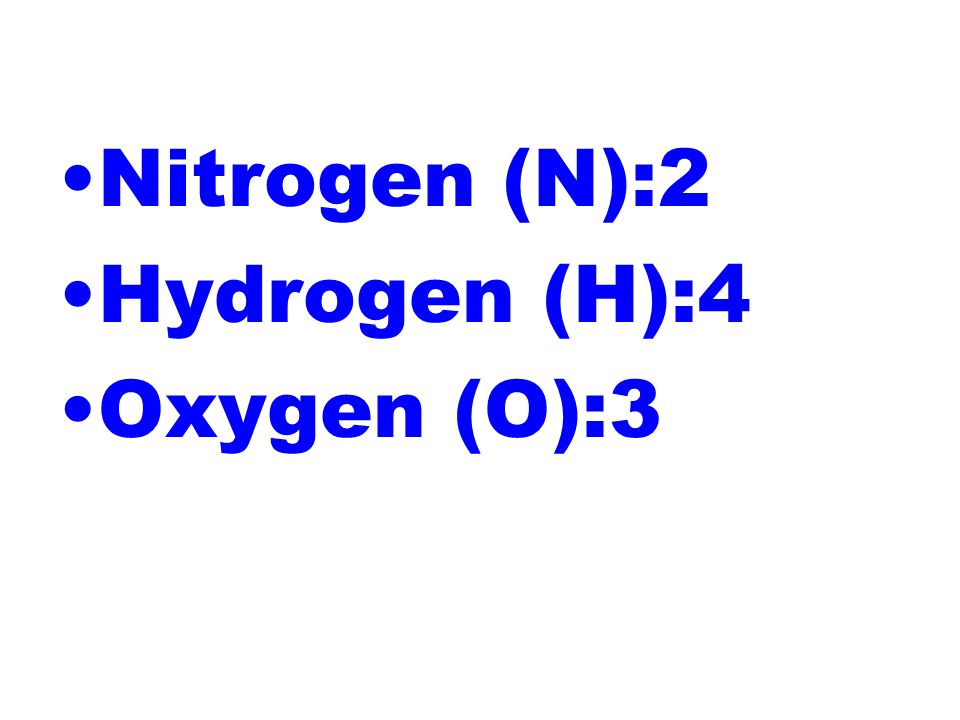 Nitrogen (N):2 Hydrogen (H):4 Oxygen (O):3