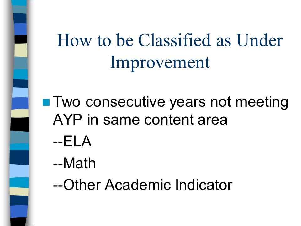 How to be Classified as Under Improvement Two consecutive years not meeting AYP in same content area --ELA --Math --Other Academic Indicator