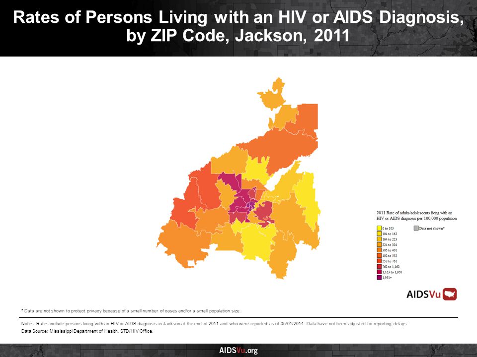 Rates of Persons Living with an HIV or AIDS Diagnosis, by ZIP Code, Jackson, 2011 Notes: Rates include persons living with an HIV or AIDS diagnosis in Jackson at the end of 2011 and who were reported as of 05/01/2014.