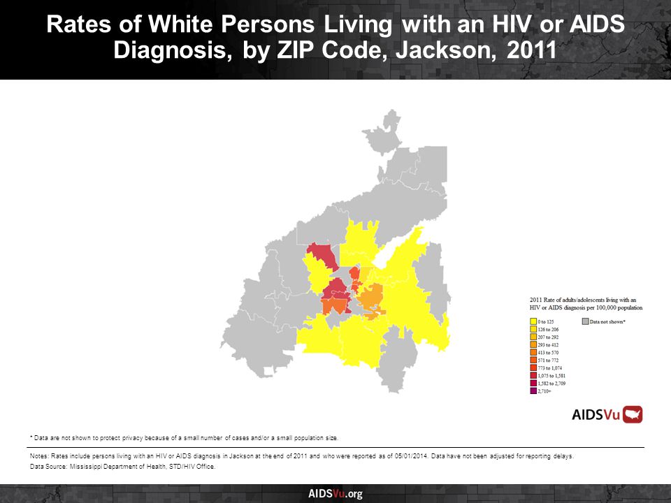 Rates of White Persons Living with an HIV or AIDS Diagnosis, by ZIP Code, Jackson, 2011 Notes: Rates include persons living with an HIV or AIDS diagnosis in Jackson at the end of 2011 and who were reported as of 05/01/2014.