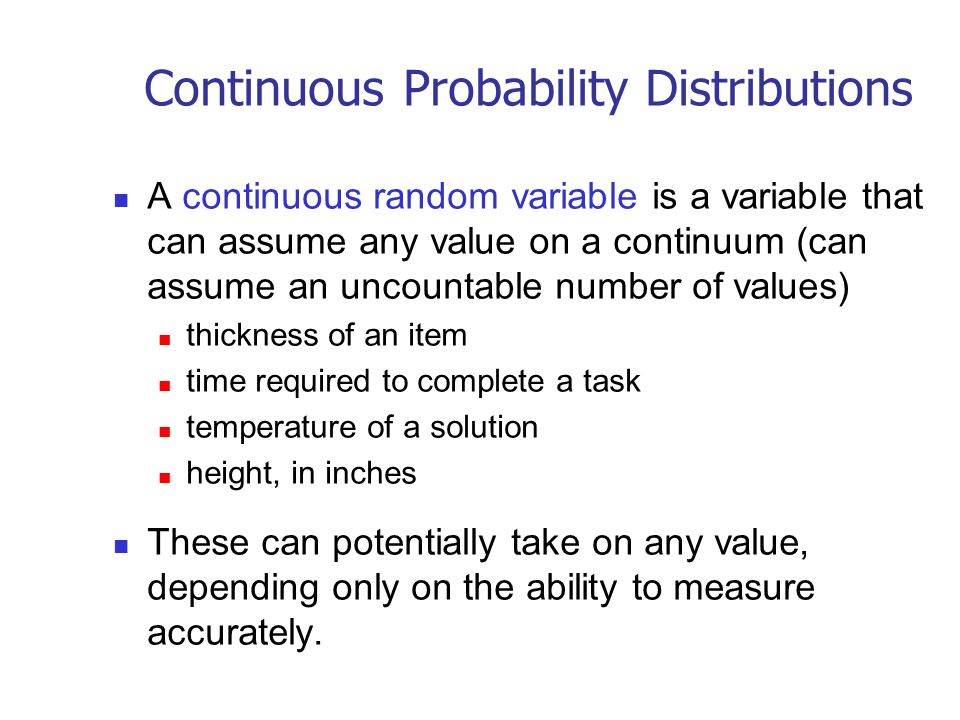 discrete and continuous probability distributions Notice that the distribution gallery shows whether the probability distributions are continuous or discrete continuous probability distributions, such as the normal distribution, describe values over a range or scale and are shown as solid figures in the distribution gallery continuous. discrete and continuous probability distributions Notice that the distribution gallery shows whether the probability distributions are continuous or discrete continuous probability distributions, such as the normal distribution, describe values over a range or scale and are shown as solid figures in the distribution gallery continuous.