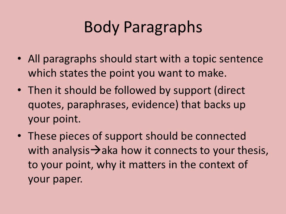 Body Paragraphs All paragraphs should start with a topic sentence which states the point you want to make.