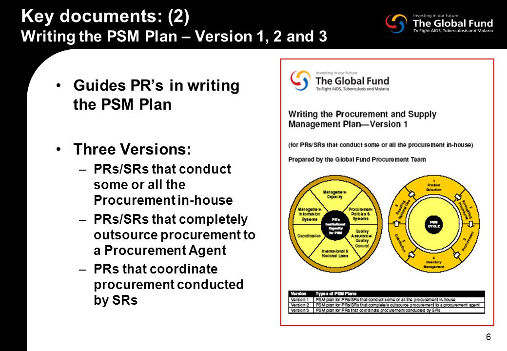 6 Key documents: (2) Writing the PSM Plan – Version 1, 2 and 3 Guides PR’s in writing the PSM Plan Three Versions: –PRs/SRs that conduct some or all the Procurement in-house –PRs/SRs that completely outsource procurement to a Procurement Agent –PRs that coordinate procurement conducted by SRs