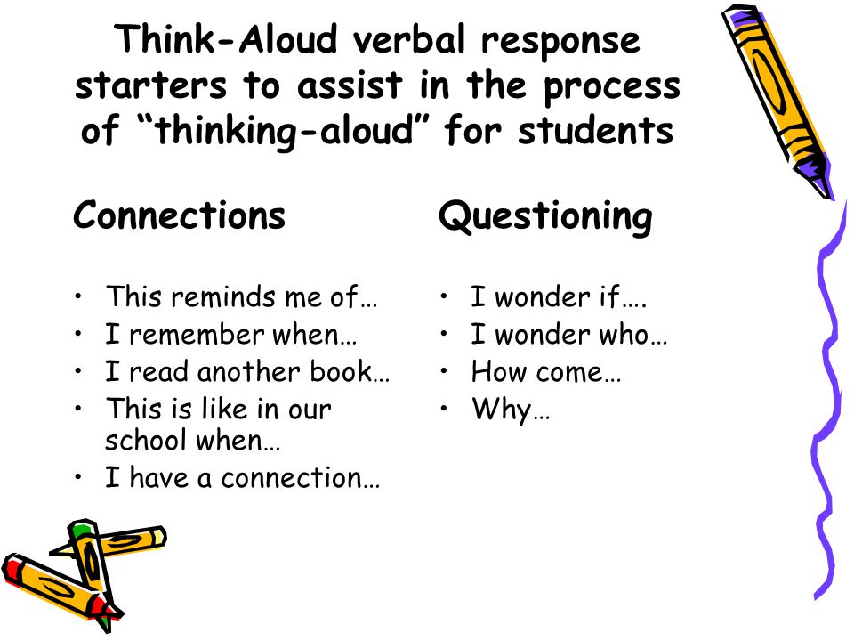 Think-Aloud verbal response starters to assist in the process of thinking-aloud for students Connections This reminds me of… I remember when… I read another book… This is like in our school when… I have a connection… Questioning I wonder if….