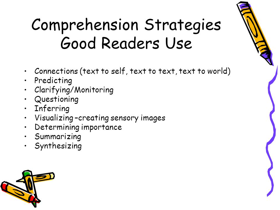 Comprehension Strategies Good Readers Use Connections (text to self, text to text, text to world) Predicting Clarifying/Monitoring Questioning Inferring Visualizing –creating sensory images Determining importance Summarizing Synthesizing