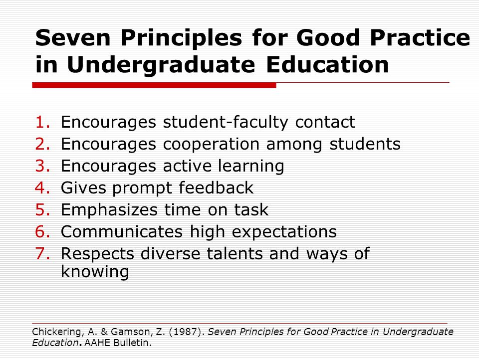 1.Encourages student-faculty contact 2.Encourages cooperation among students 3.Encourages active learning 4.Gives prompt feedback 5.Emphasizes time on task 6.Communicates high expectations 7.Respects diverse talents and ways of knowing Seven Principles for Good Practice in Undergraduate Education Chickering, A.