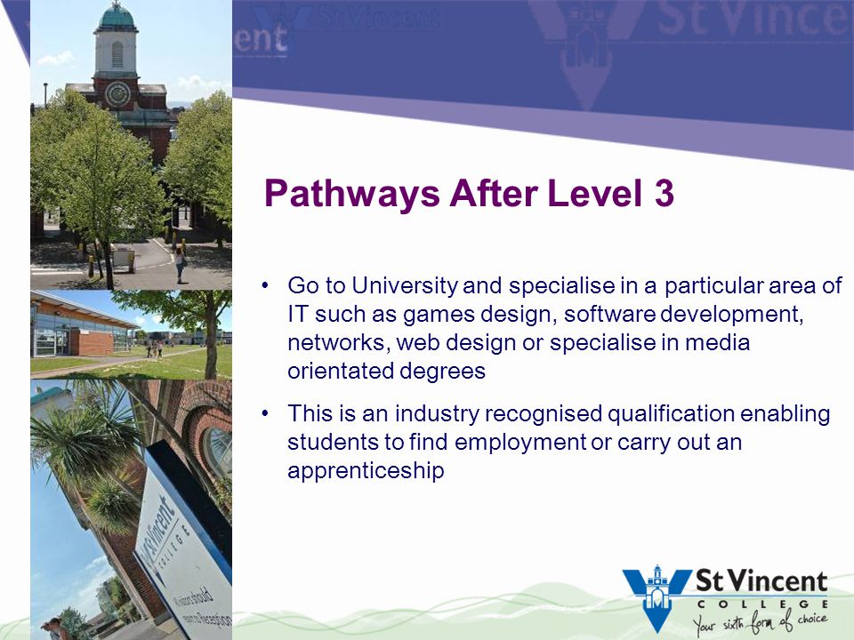 Pathways After Level 3 Go to University and specialise in a particular area of IT such as games design, software development, networks, web design or specialise in media orientated degrees This is an industry recognised qualification enabling students to find employment or carry out an apprenticeship