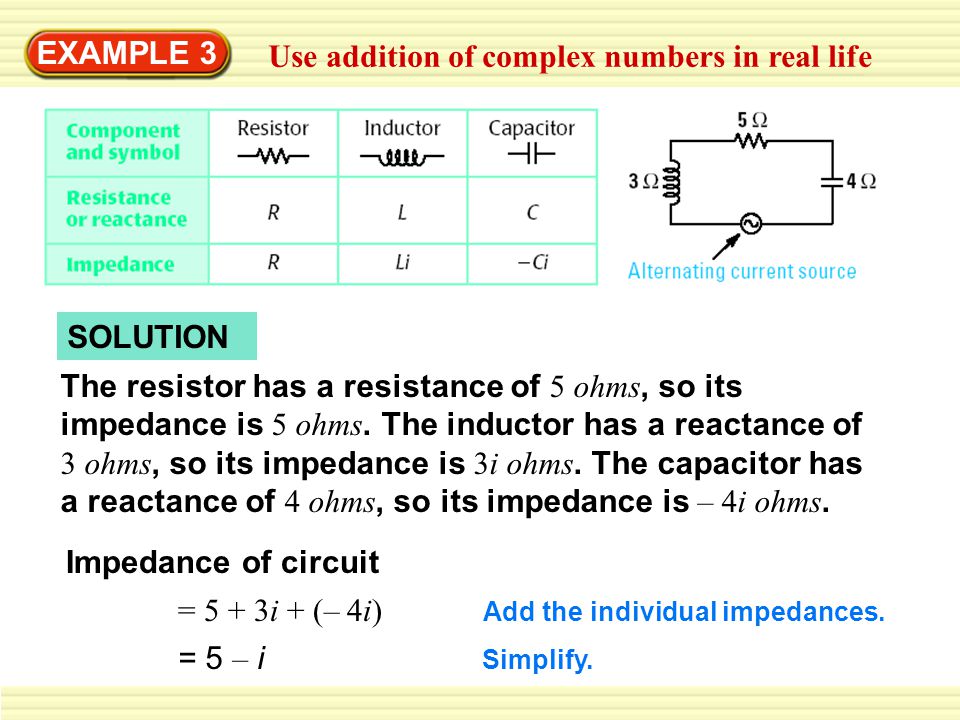 EXAMPLE 3 Use addition of complex numbers in real life SOLUTION The resistor has a resistance of 5 ohms, so its impedance is 5 ohms.