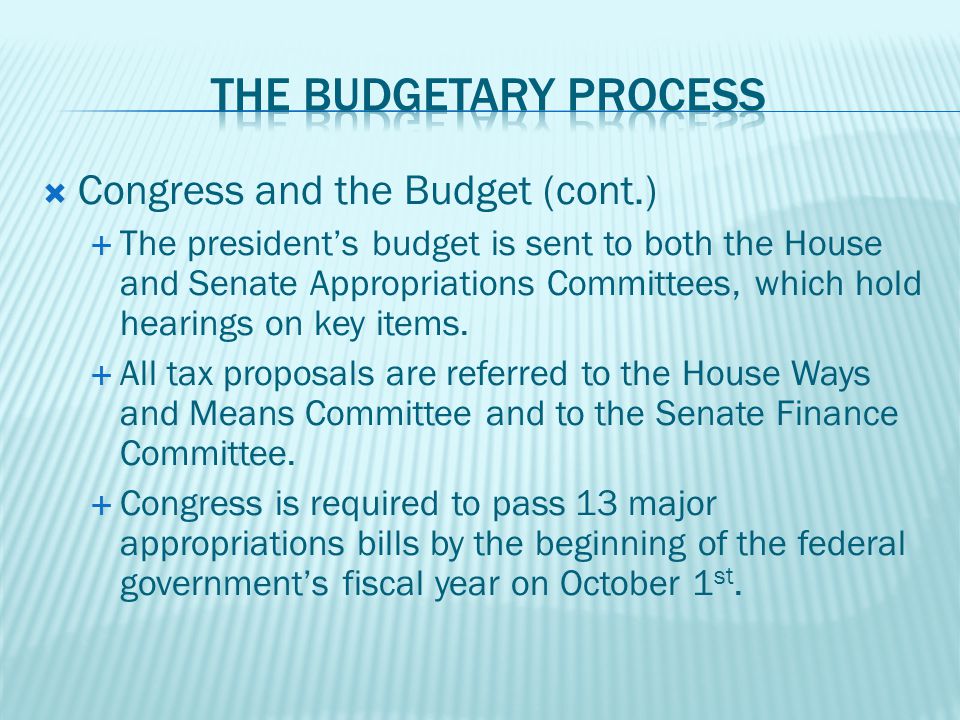  Congress and the Budget (cont.)  The president’s budget is sent to both the House and Senate Appropriations Committees, which hold hearings on key items.