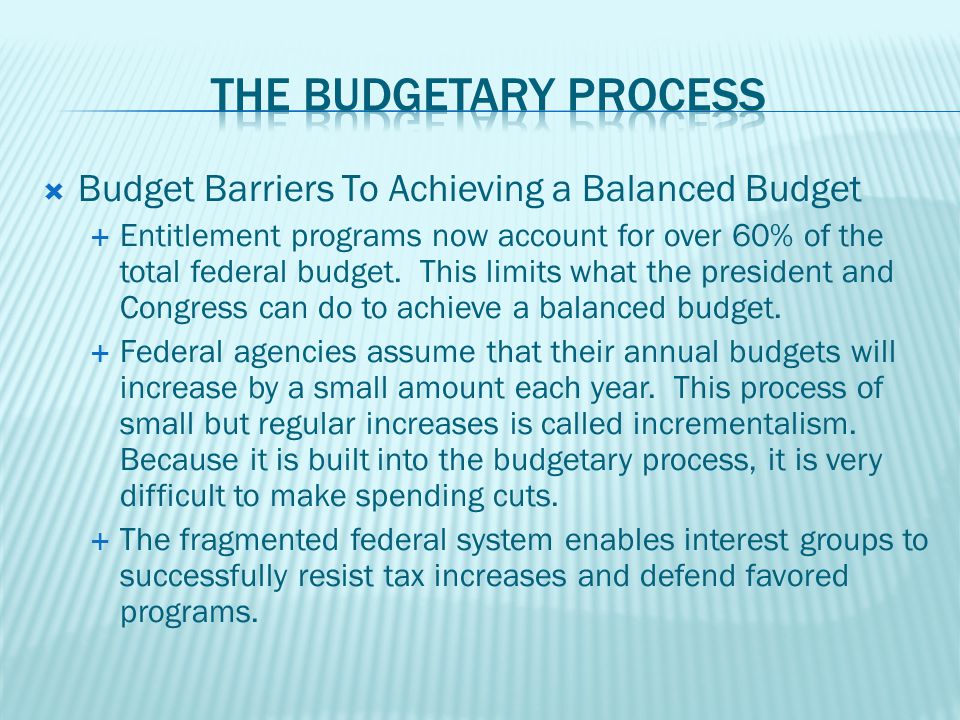  Budget Barriers To Achieving a Balanced Budget  Entitlement programs now account for over 60% of the total federal budget.
