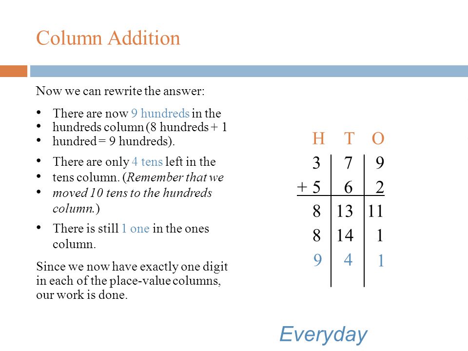 Column Addition Solve: Now let’s adjust the tens column.
