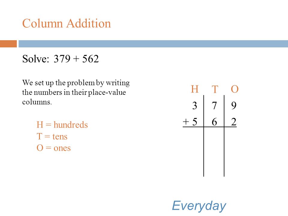 Column Addition Column addition involves: Recording numbers in place-value columns; Adding in place-value columns; and Making and moving groups of 1s, 10s, 100s, and so on.