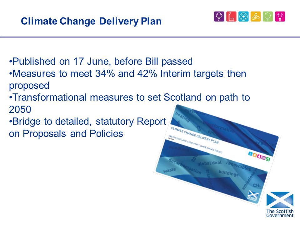 Published on 17 June, before Bill passed Measures to meet 34% and 42% Interim targets then proposed Transformational measures to set Scotland on path to 2050 Bridge to detailed, statutory Report on Proposals and Policies Climate Change Delivery Plan