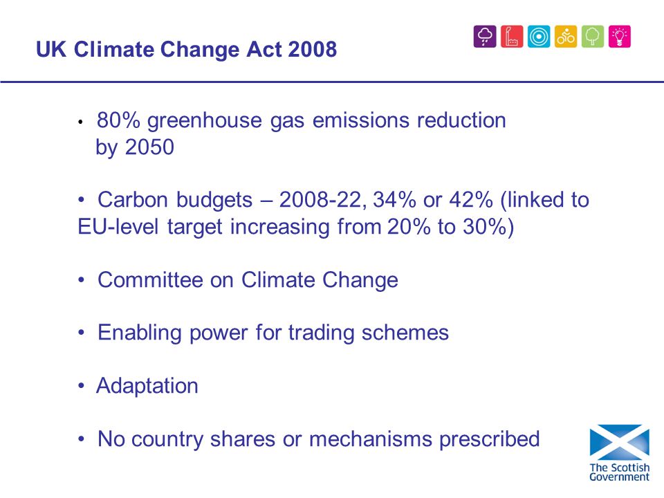 UK Climate Change Act % greenhouse gas emissions reduction by 2050 Carbon budgets – , 34% or 42% (linked to EU-level target increasing from 20% to 30%) Committee on Climate Change Enabling power for trading schemes Adaptation No country shares or mechanisms prescribed