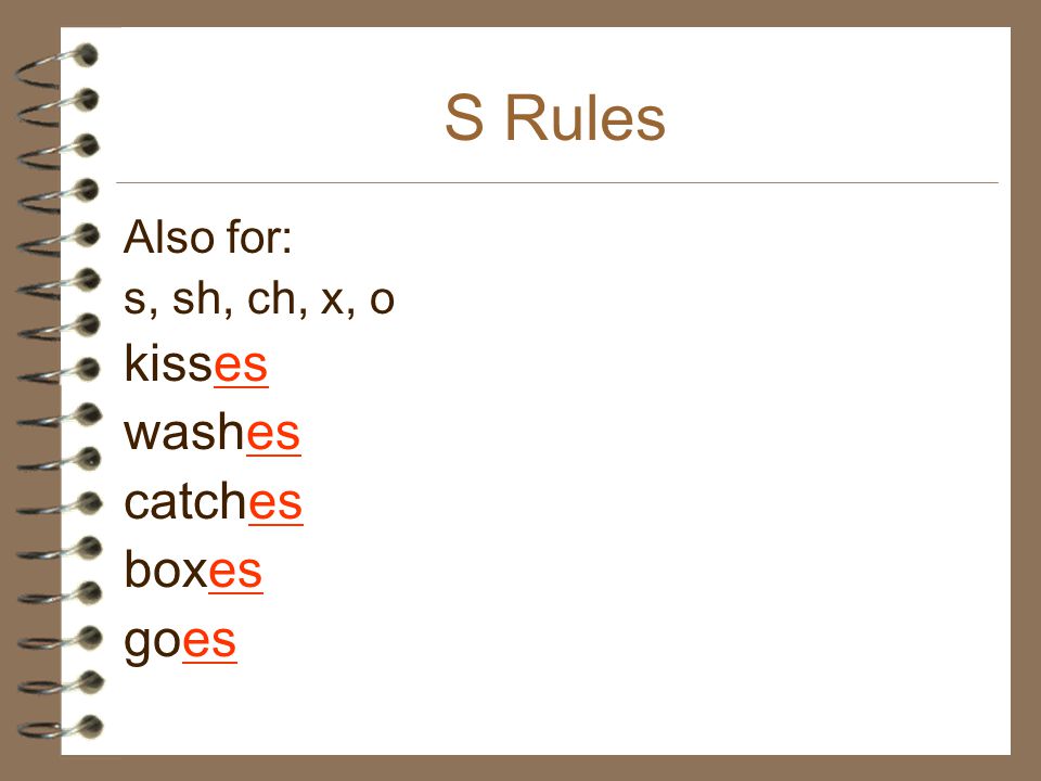 S Rules Also for: s, sh, ch, x, o kisses washes catches boxes goes