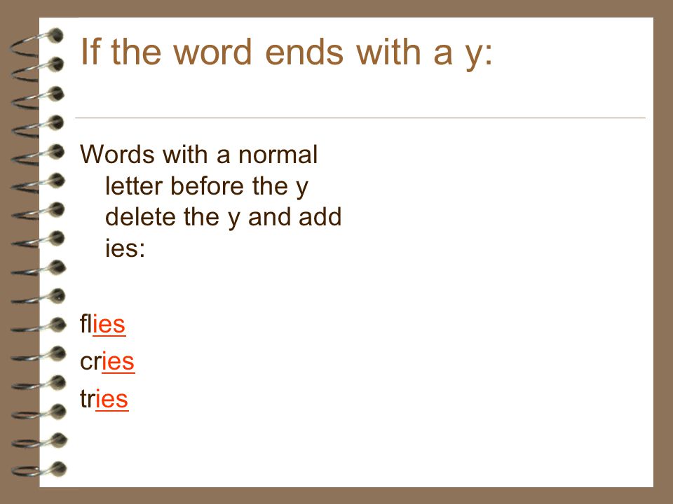 If the word ends with a y: Words with a normal letter before the y delete the y and add ies: flies cries tries