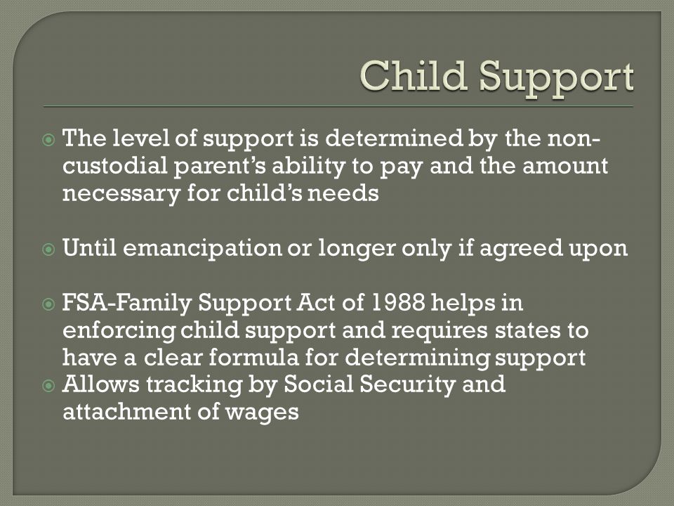  The level of support is determined by the non- custodial parent’s ability to pay and the amount necessary for child’s needs  Until emancipation or longer only if agreed upon  FSA-Family Support Act of 1988 helps in enforcing child support and requires states to have a clear formula for determining support  Allows tracking by Social Security and attachment of wages