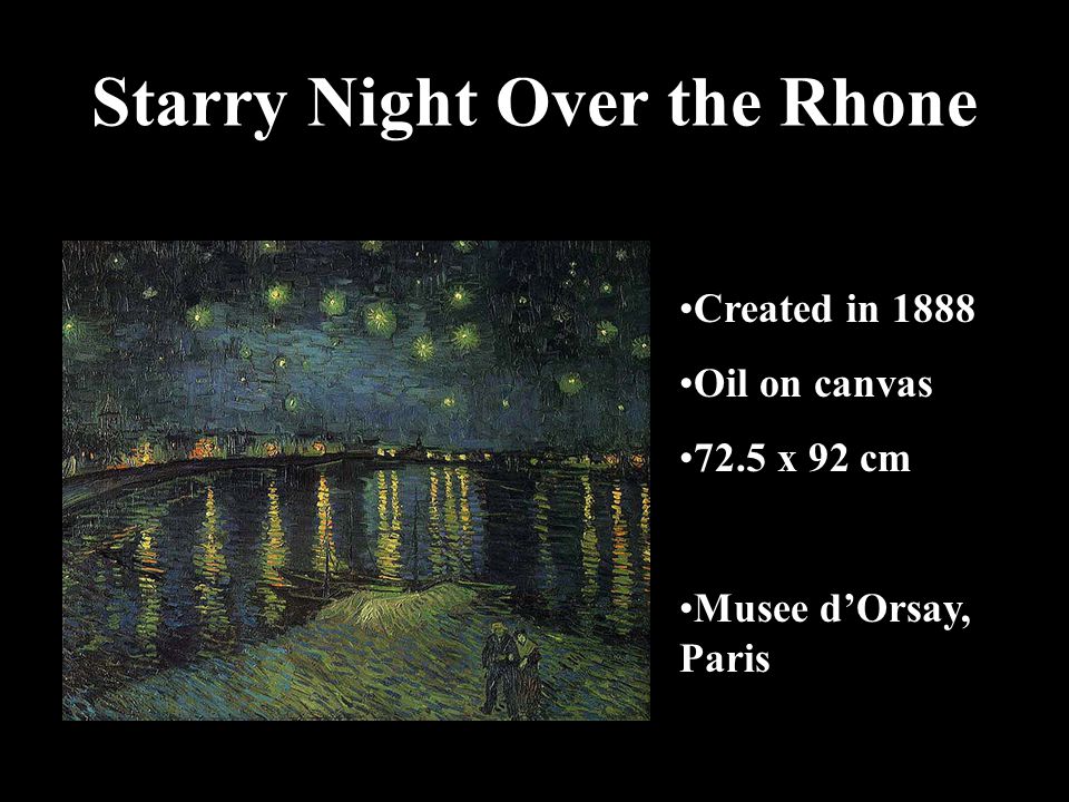 Starry Night Over the Rhone Created in 1888 Oil on canvas 72.5 x 92 cm Musee d’Orsay, Paris