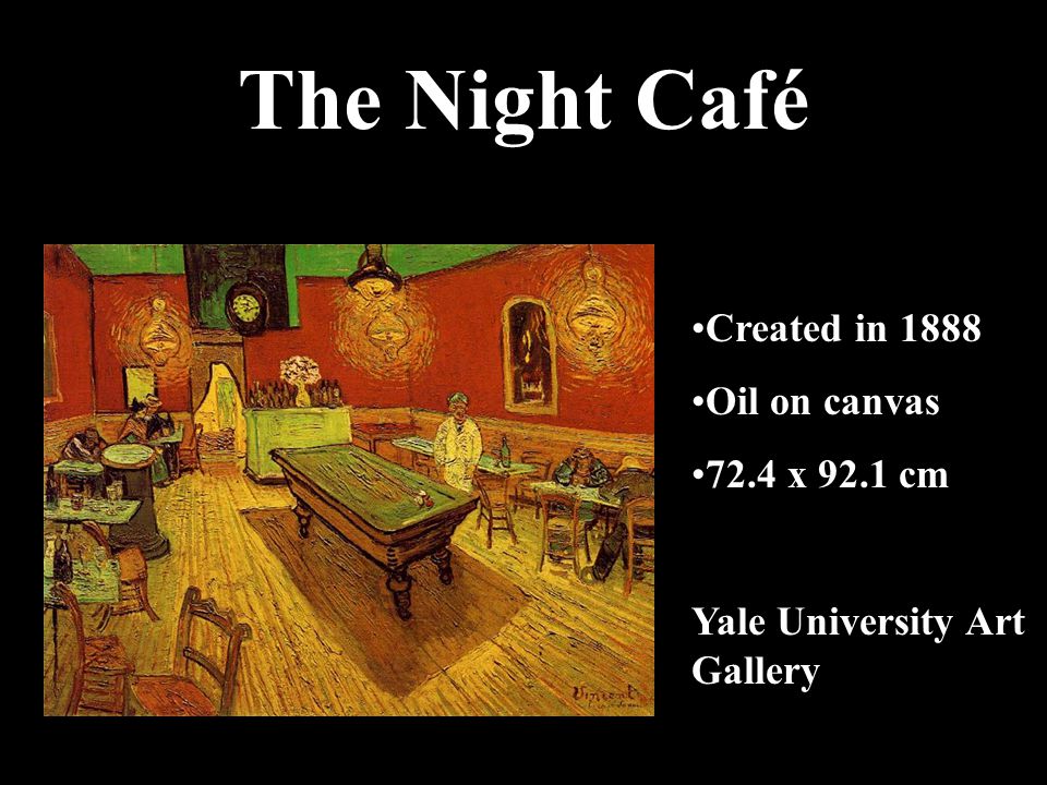 The Night Café Created in 1888 Oil on canvas 72.4 x 92.1 cm Yale University Art Gallery