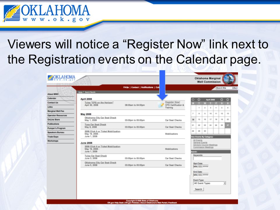Viewers will notice a Register Now link next to the Registration events on the Calendar page.